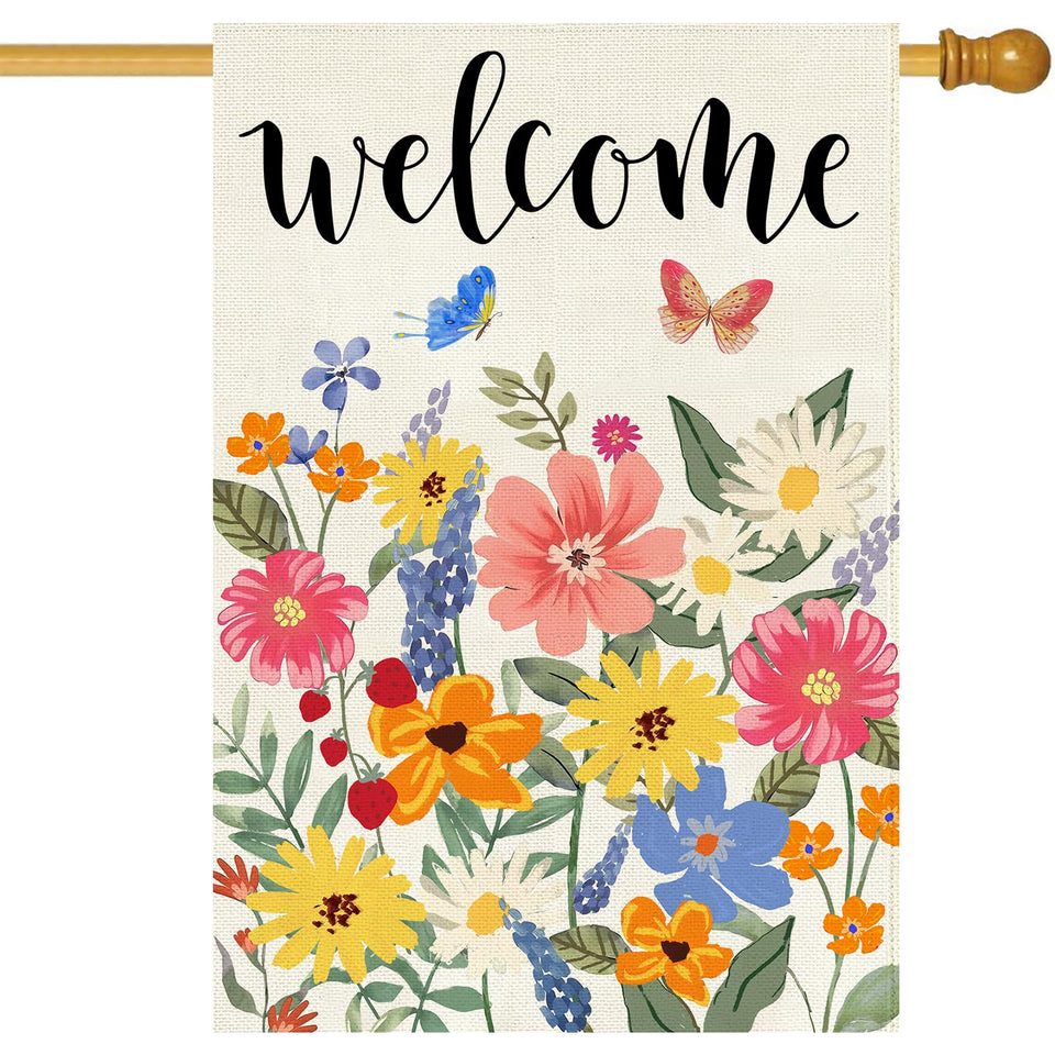 Baccessor welcome flag 28x40 front view with lush burlap and vivid butterflies