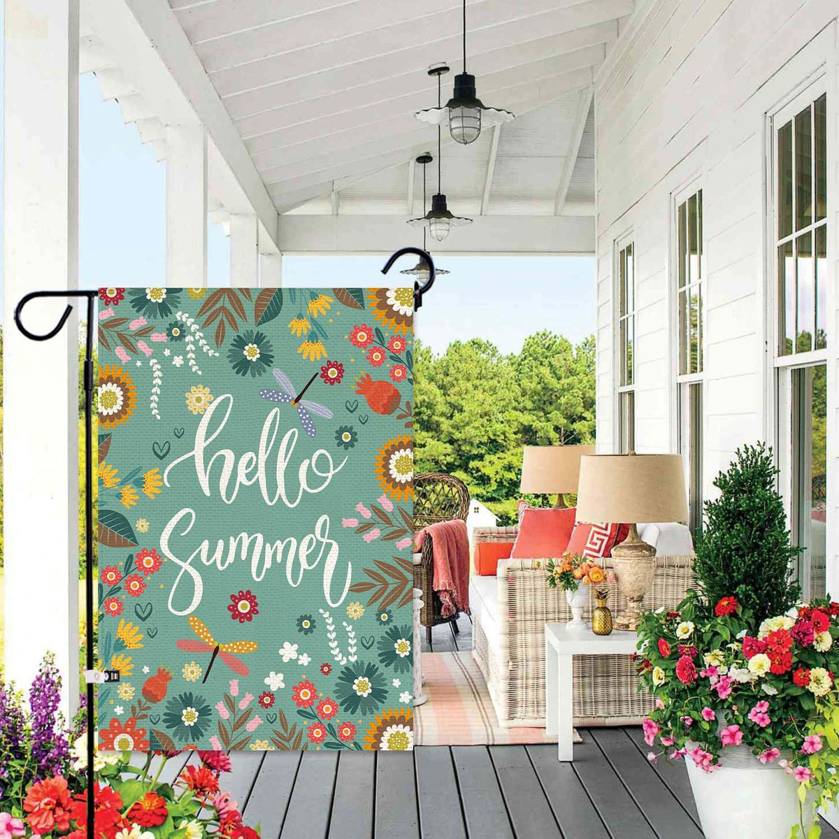 Baccessor welcome floral flag displaying a warm sign outdoors