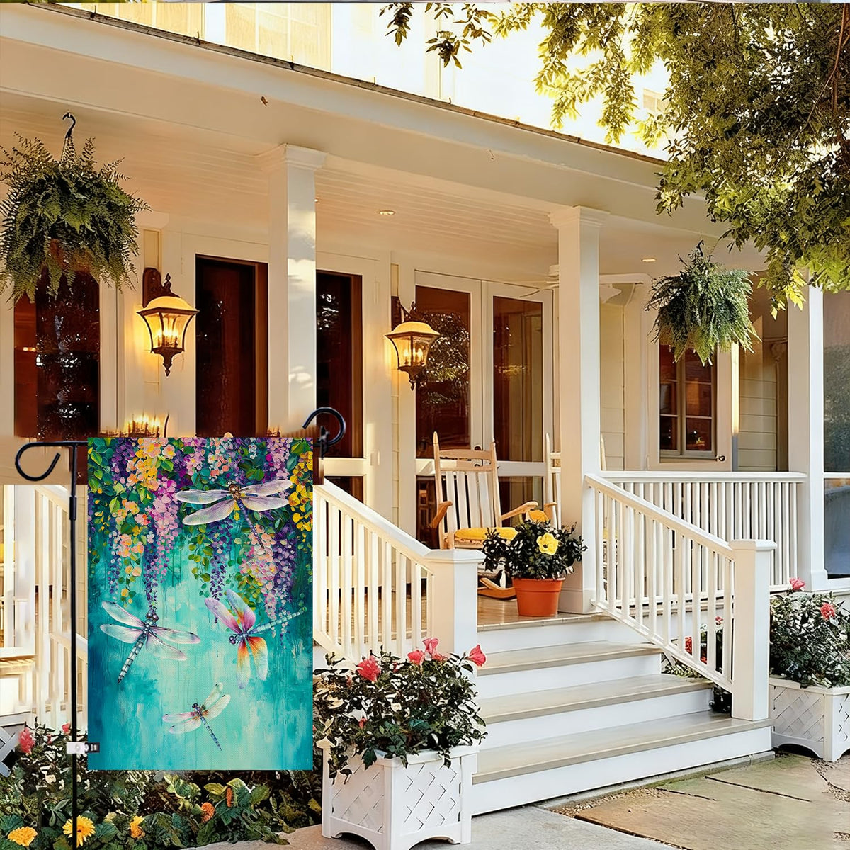 Baccessor garden flag dragonfly and wisteria detail, double-sided visibility for yard appeal.