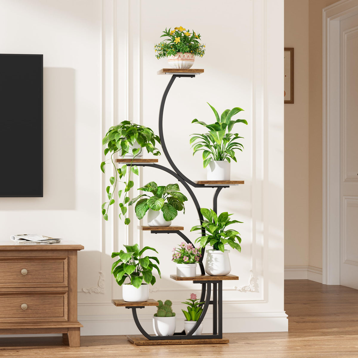 BACEKOLL 7-tier corner shelf displays tall plants while saving floor space