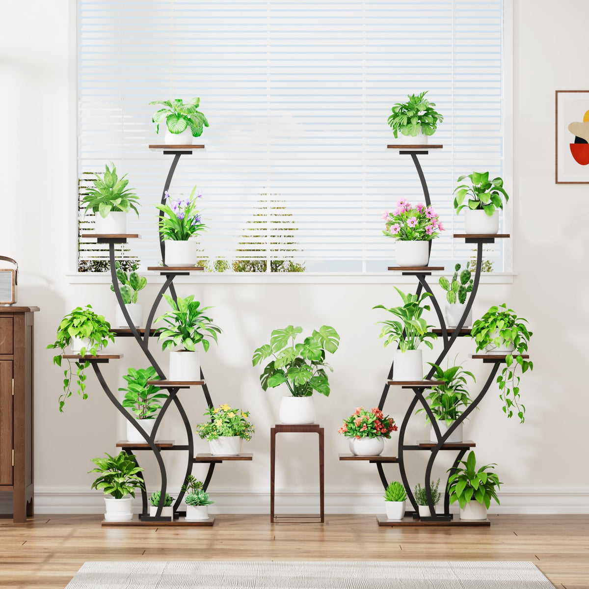BACEKOLL tall plant stand creates vertical space, reducing clutter in living rooms.