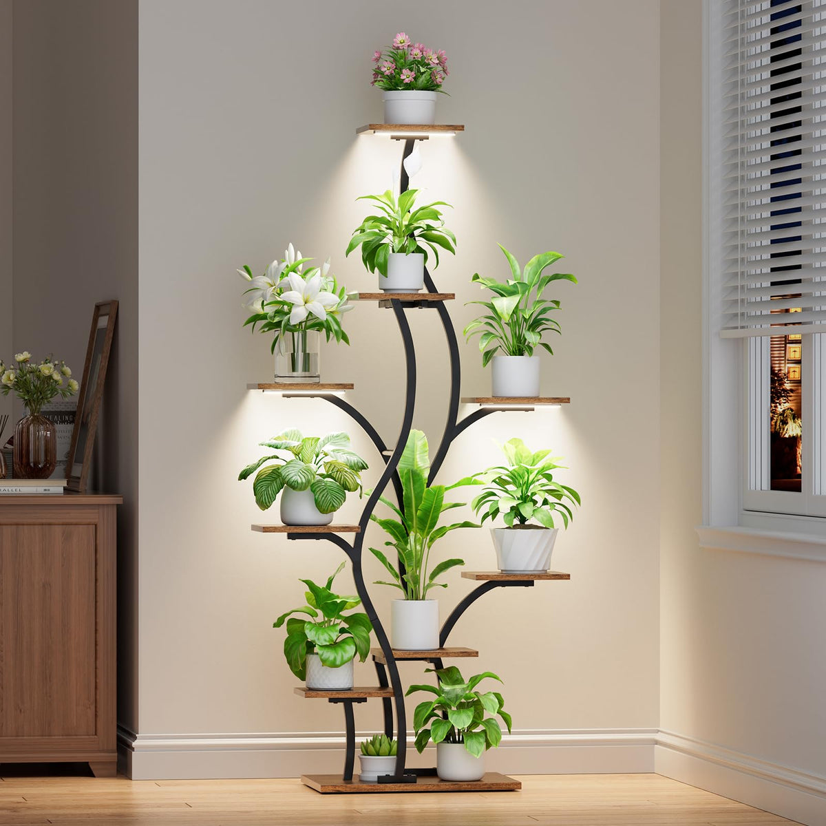 BACEKOLL lighted plant stand tower displaying lush greenery with integrated grow lights.