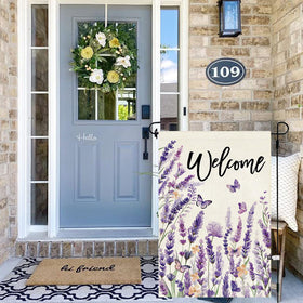 Baccessor floral butterfly garden flag features lavender hues for curb appeal.