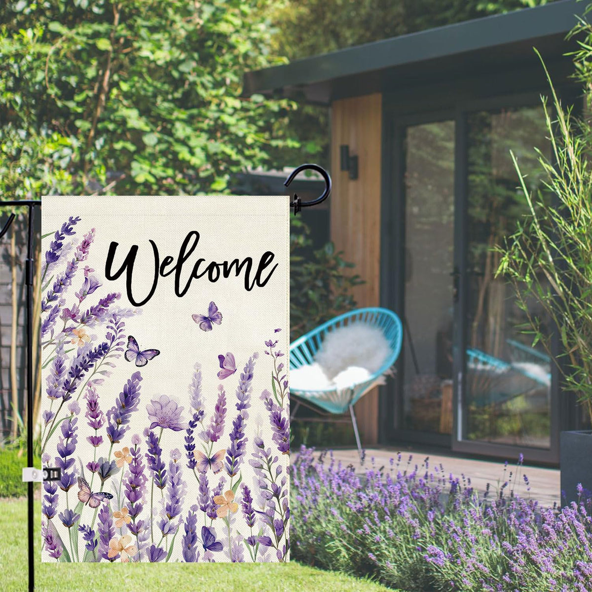 Baccessor floral lavender butterfly garden flag decorates any porch or lawn.