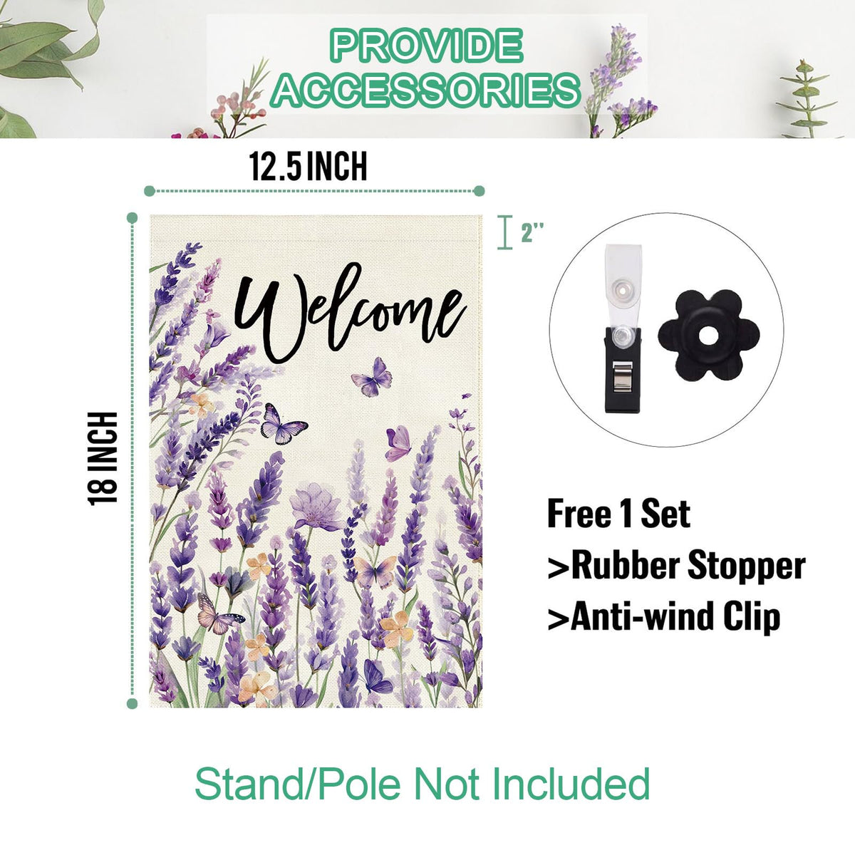 Baccessor lavender flowers flag enhances outdoor decor with seasonal color.