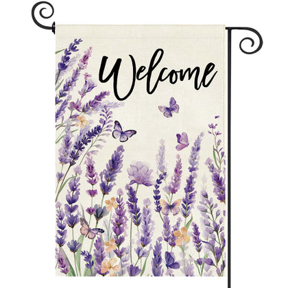 Baccessor spring lavender welcome flag outdoors with double-sided print greeting from both angles.