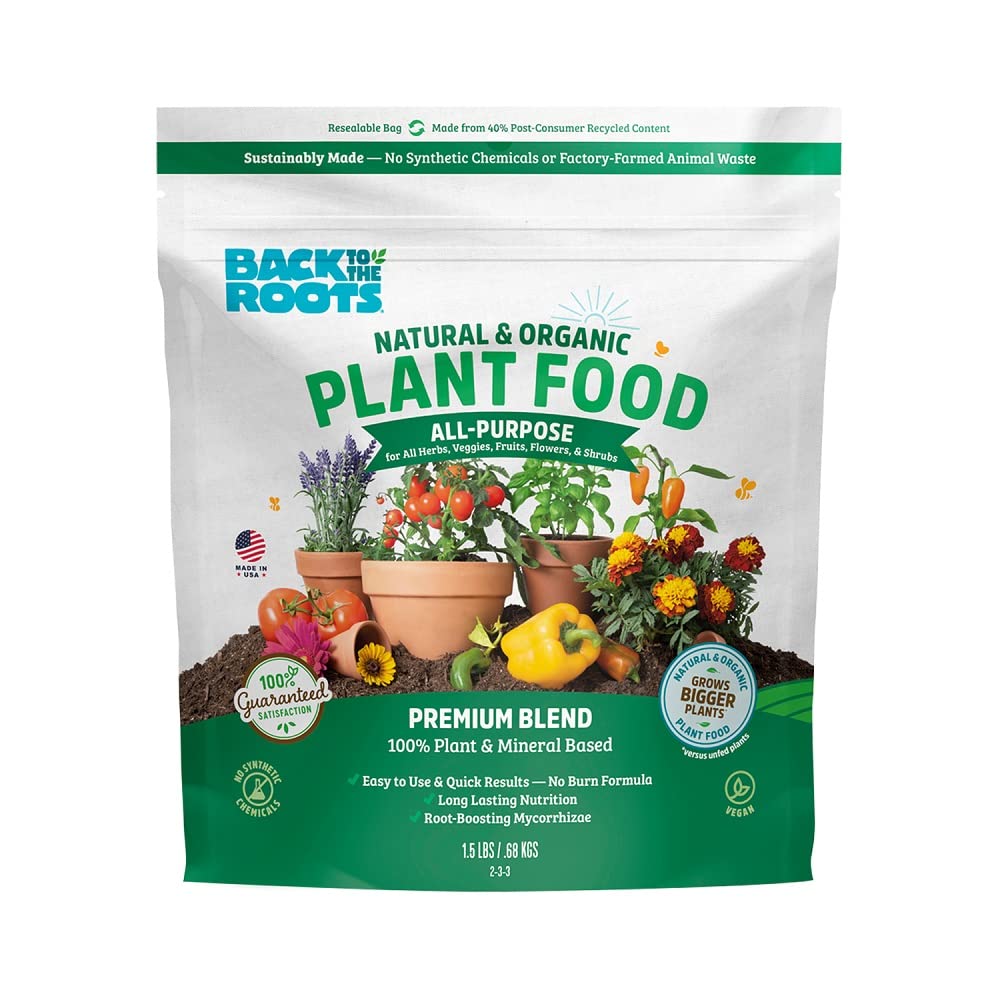 Back to the Roots All-Purpose Plant Food bag front with natural formula for safe indoor nourishment