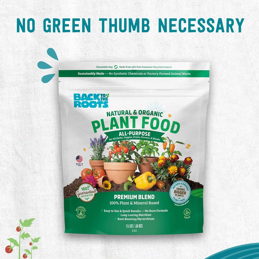 Back to the Roots All-Purpose Plant Food ingredients close-up highlighting kelp and alfalfa for lasting nutrition
