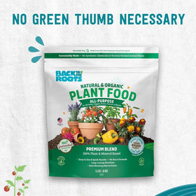 Back to the Roots All-Purpose Plant Food ingredients close-up highlighting kelp and alfalfa for lasting nutrition