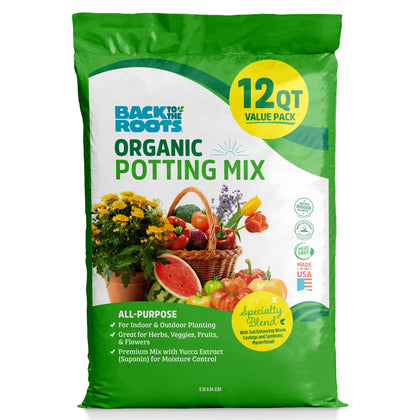 Back to the Roots all-purpose potting mix bag front promotes healthy indoor herbs
