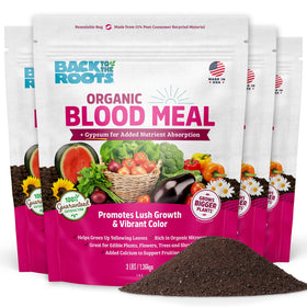 Back to the Roots Blood Meal with Gypsum package showing soil nutrients and calcium boost