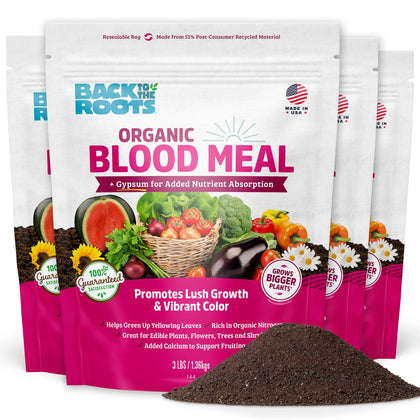 Back to the Roots Blood Meal with Gypsum package showing soil nutrients and calcium boost