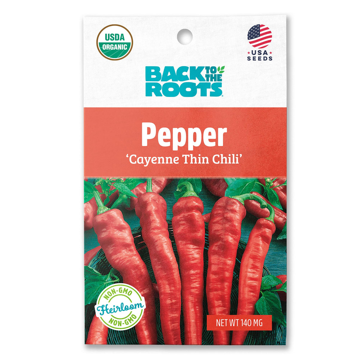Back to the Roots Cayenne Thin seed packet, ideal for container gardening.