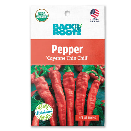 Back to the Roots Cayenne Thin seed packet, ideal for container gardening.