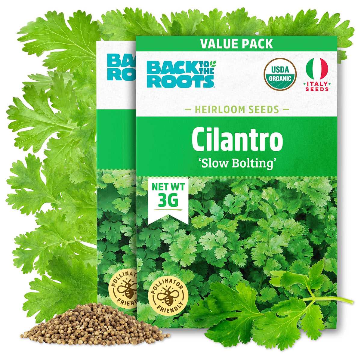 Back to the Roots cilantro seed packet slow bolting promotes steady greens.