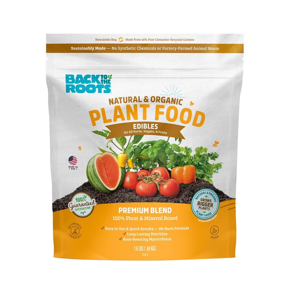 Back to the Roots Edibles Plant Food bag close-up for easy, healthy growth.