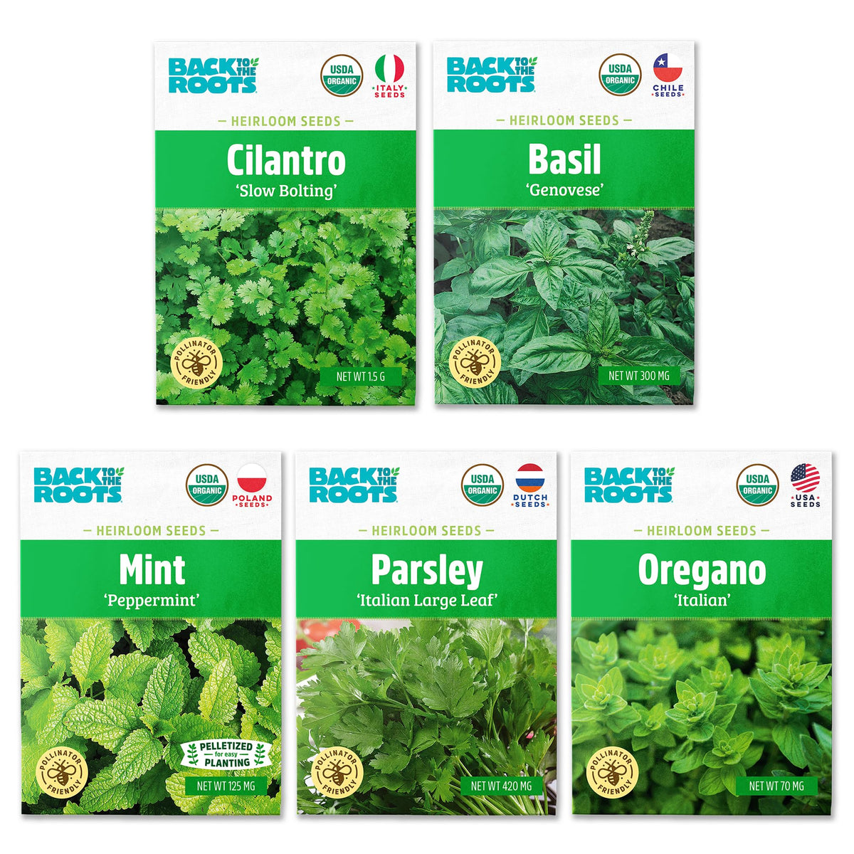 Back to the Roots organic herb seeds variety 5-pack seed packets ready for planting indoors and outdoors