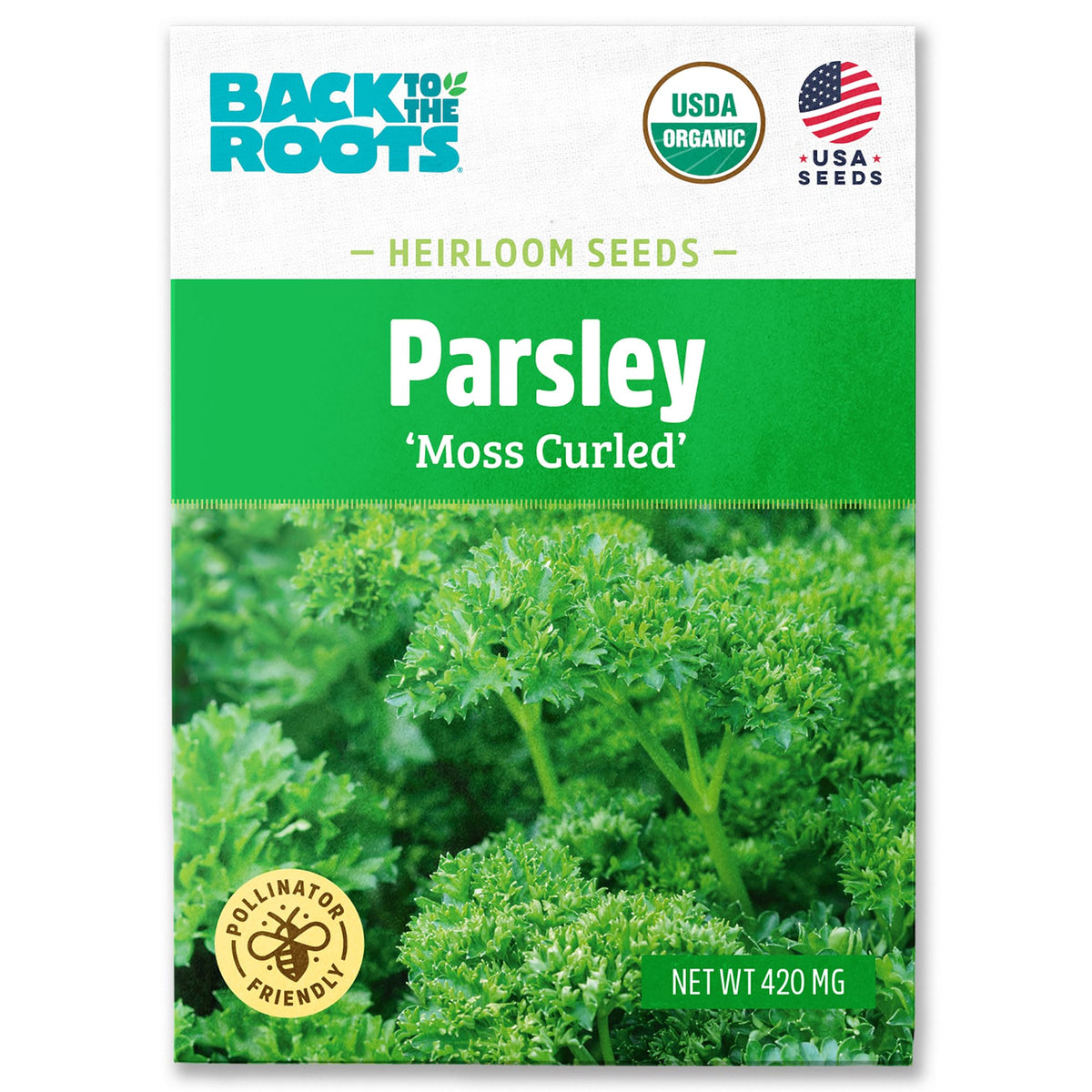 Back to the Roots parsley moss curled seed packet front view for easy home herb gardening