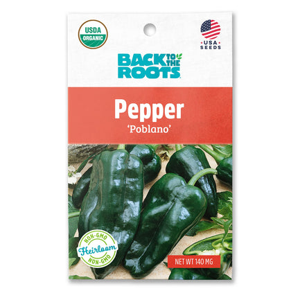Back to The Roots Poblano seed packet front label ready for planting in home gardens