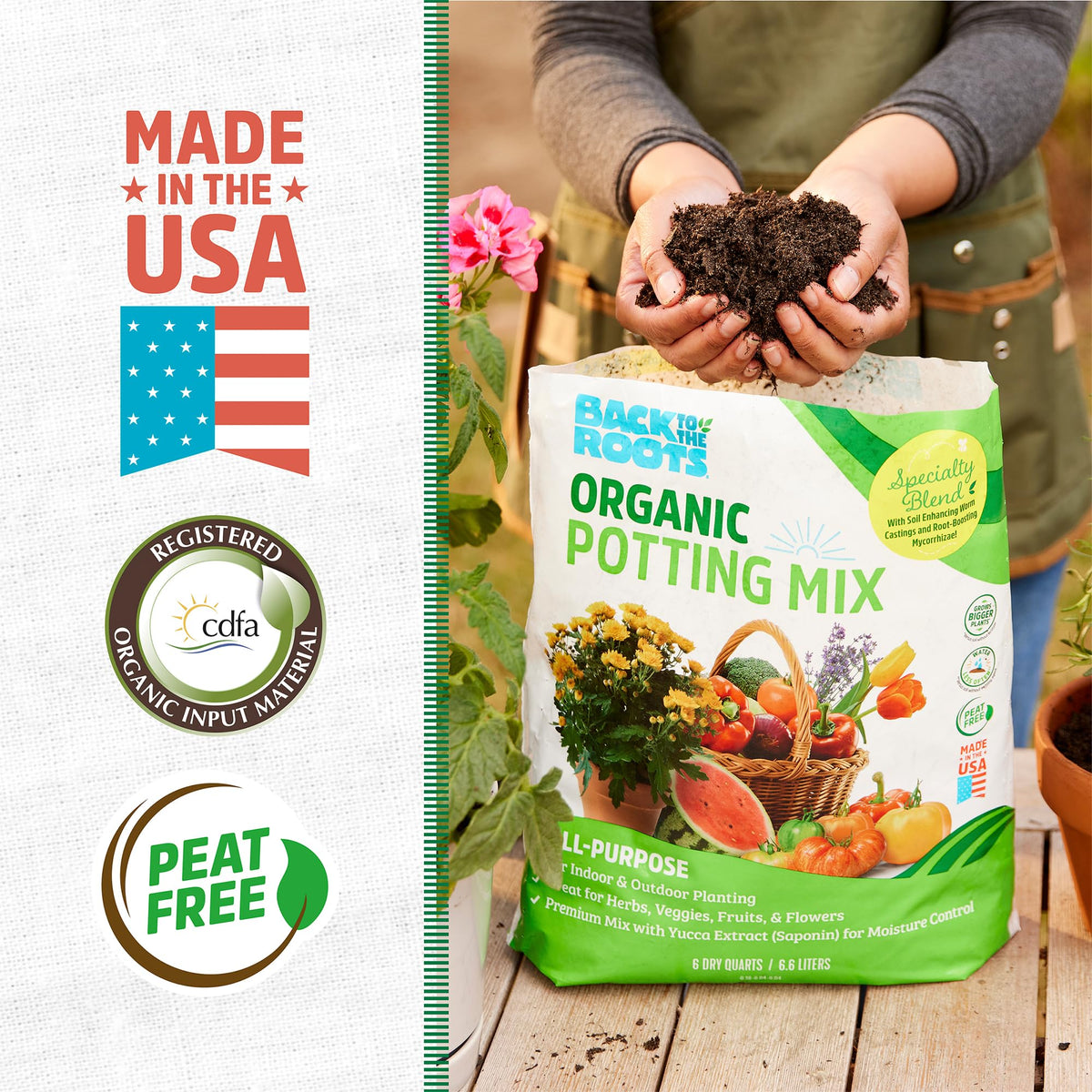 Back to the Roots potting mix ingredients close-up shows nutrient-rich soil