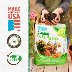 Back to the Roots potting mix ingredients close-up shows nutrient-rich soil