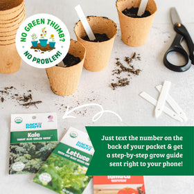 Back to the Roots seed packets on a store shelf with eco packaging.