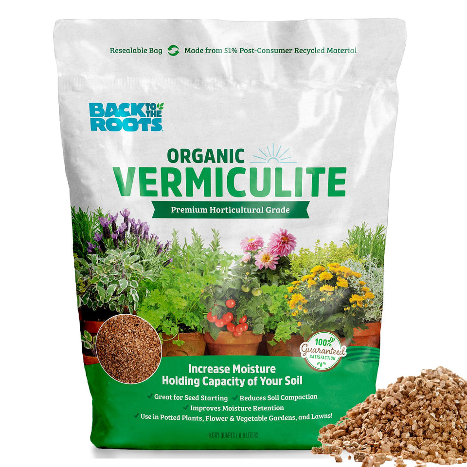 Back to the Roots vermiculite 8qt bag enhances moisture retention for thriving potted plants.
