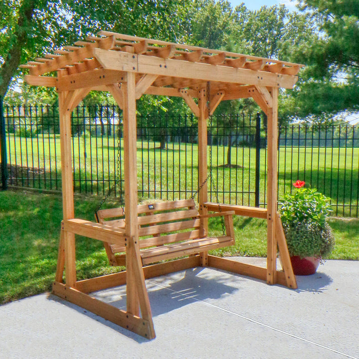 Backyard Discovery Callahan cedar pergola swing in natural cedar finish for outdoor relaxation.