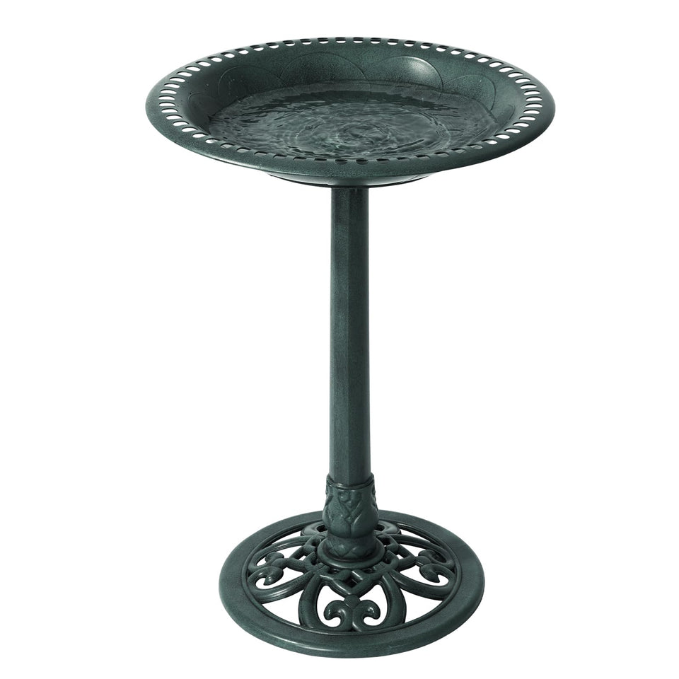 Backyard Expressions green bird bath front view inviting garden birds.