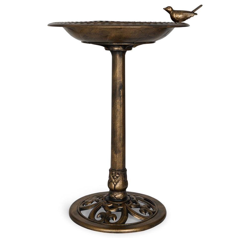 Backyard Expressions bronze 30 inch birdbath shows durable outdoor water feature