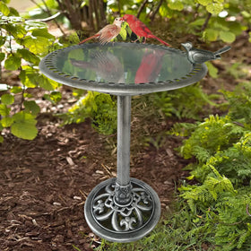 Backyard Expressions birdbath includes ground stakes for stable setup.