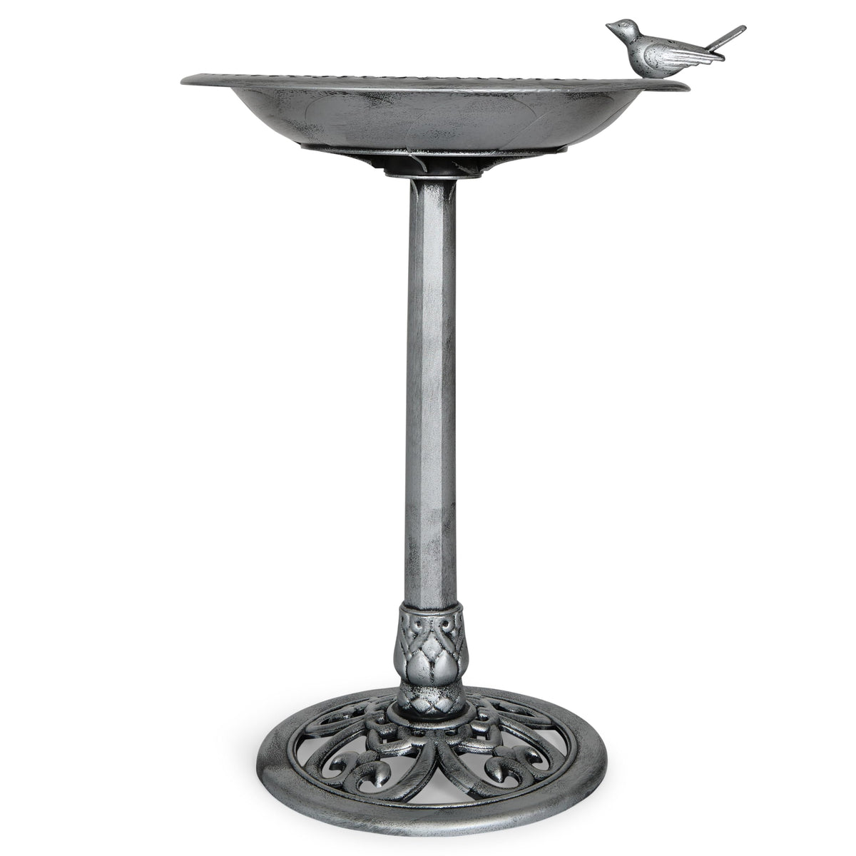 Backyard Expressions birdbath in silver offers garden charm and wildlife allure.