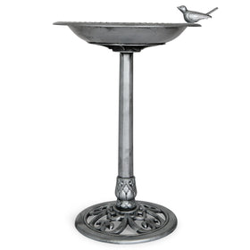 Backyard Expressions birdbath in silver offers garden charm and wildlife allure.