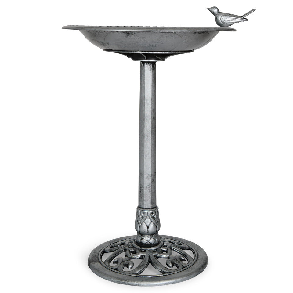 Backyard Expressions birdbath in silver offers garden charm and wildlife allure.