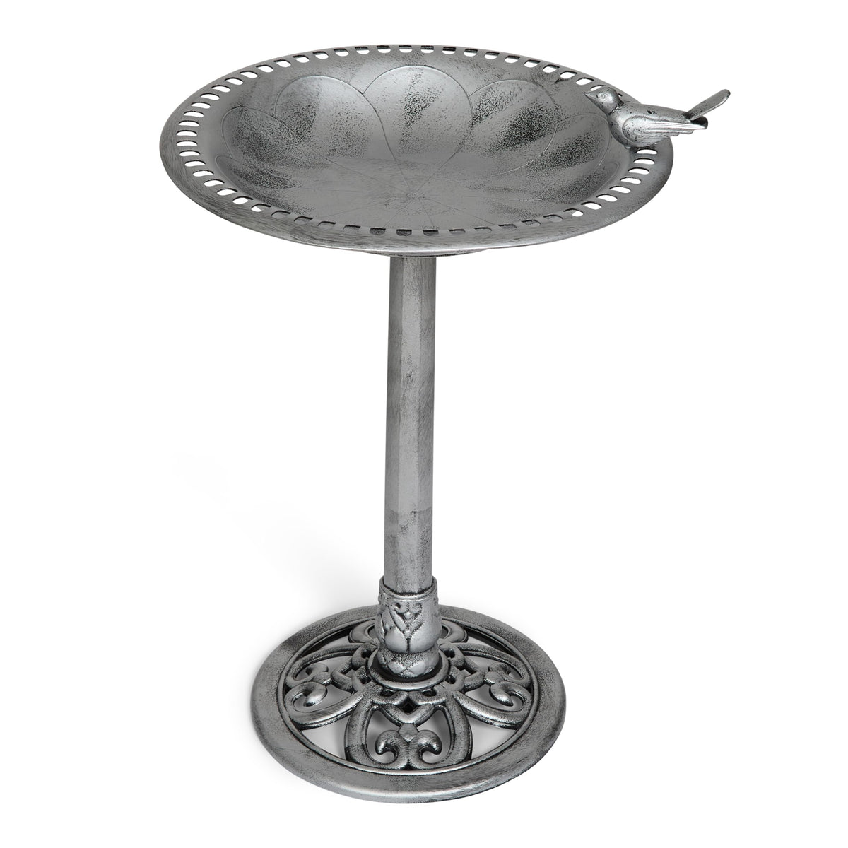 Backyard Expressions birdbath with antiqued silver finish withstands weather.