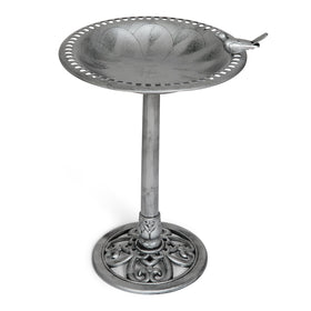 Backyard Expressions birdbath with antiqued silver finish withstands weather.