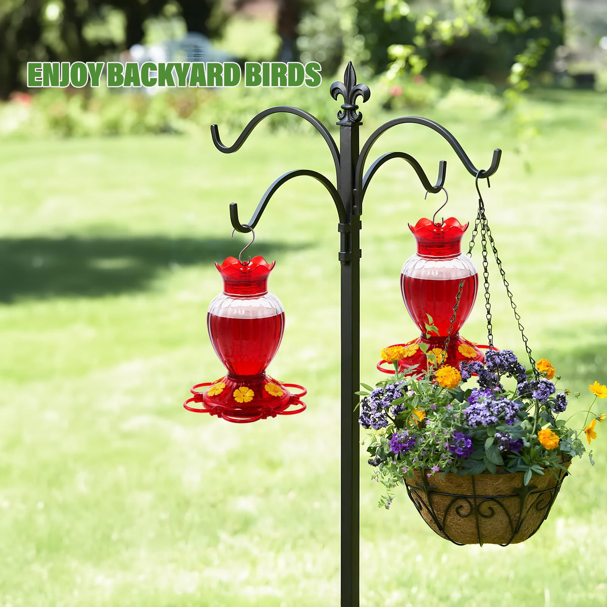 Backyard Expressions hummingbird feeder hanging with S-hook for easy outdoor setup.