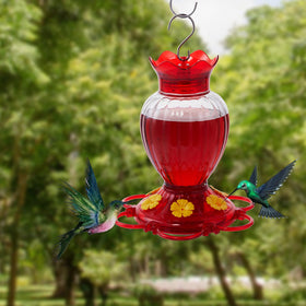 BACKYARD EXPRESSIONS hummingbird feeder bee-proof ports reduce bee access while hummingbirds feed comfortably.