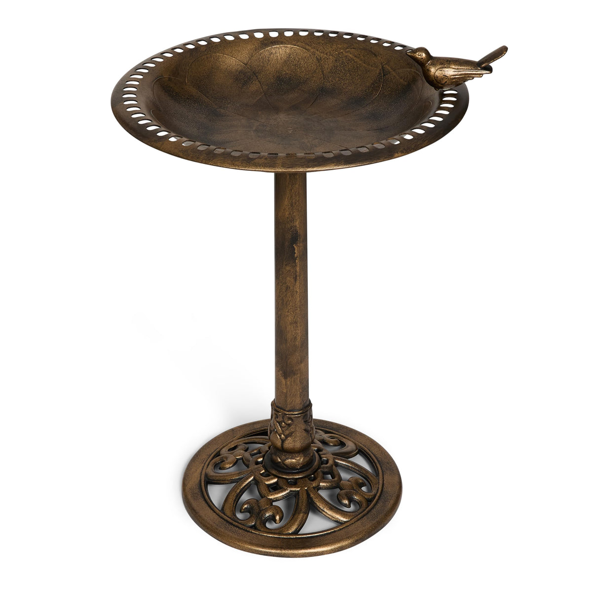 Backyard Expressions resin birdbath with edge perch invites birds and elevates garden view