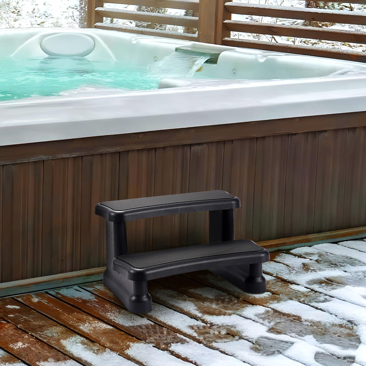 Backyard Expressions spa steps featuring non-slip treads for secure footing.