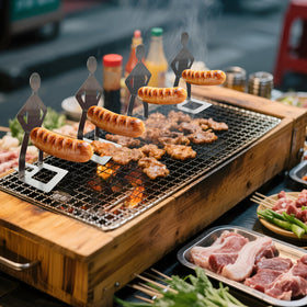 BADAO hotdog stand setup ready to hold multiple sausages during grilling.