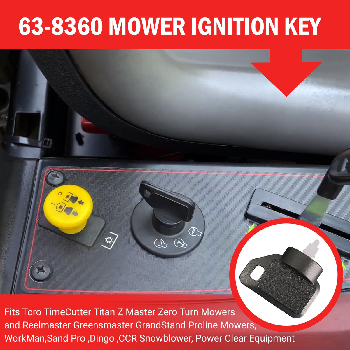 Badogrio ignition key fitted on a zero-turn mower, ready for use.