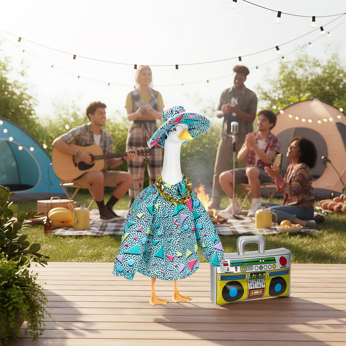 Bafeil porch goose outfit adjustable rope secures a snug fit on statues.