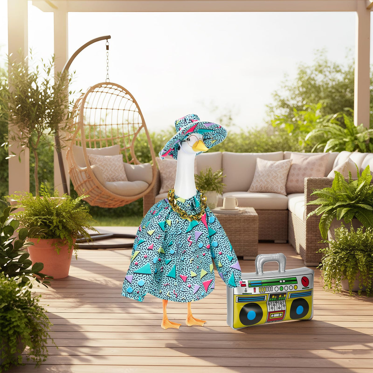 Bafeil porch goose outfit retro shirt showcases vibrant patterns for eye-catching decor.