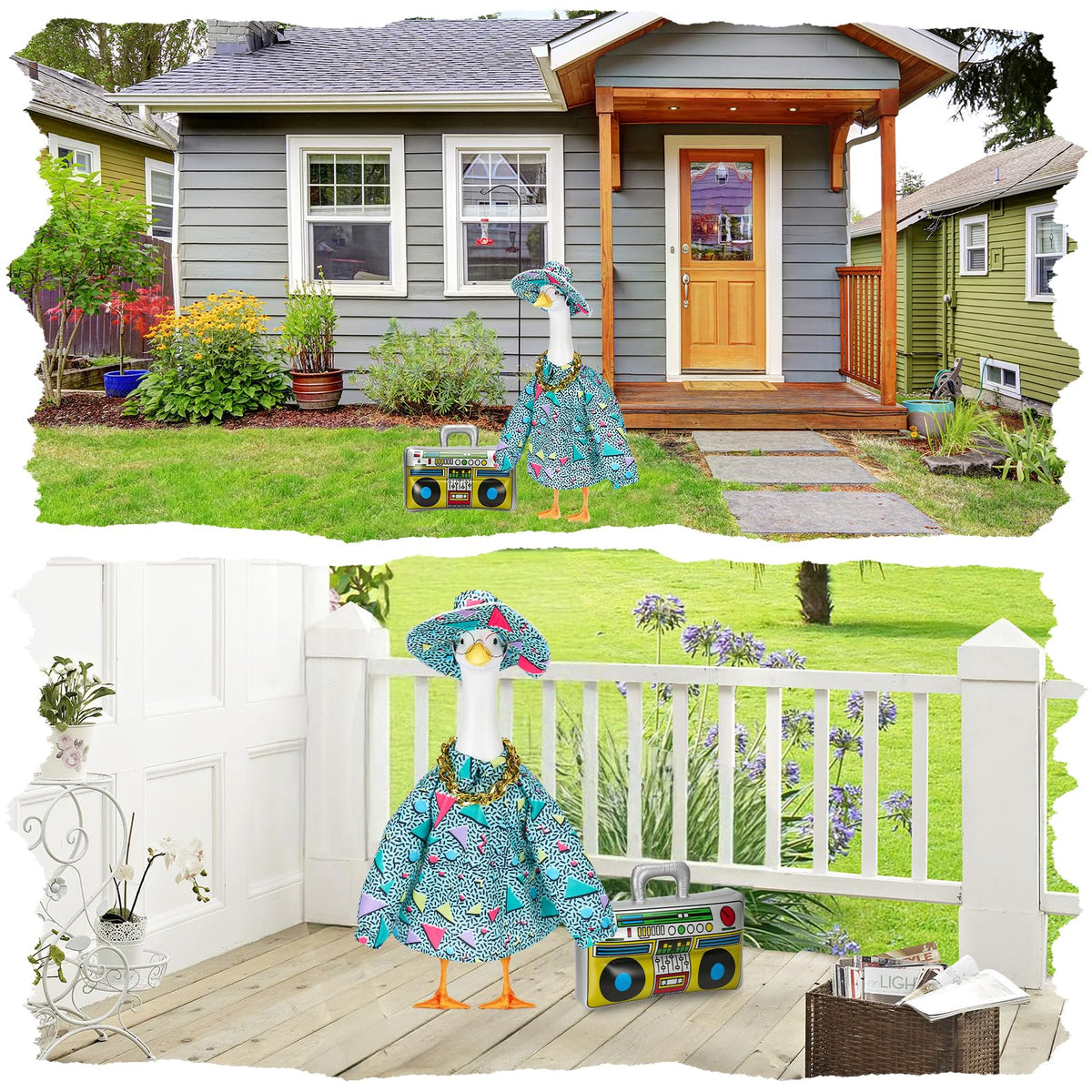 Bafeil porch goose outfit summer colors brighten porches with playful character.