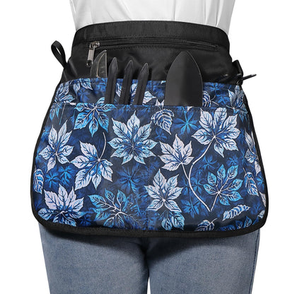 Bafelia Garden Apron with 5 pockets in blue leaves keeps tools organized while gardening.