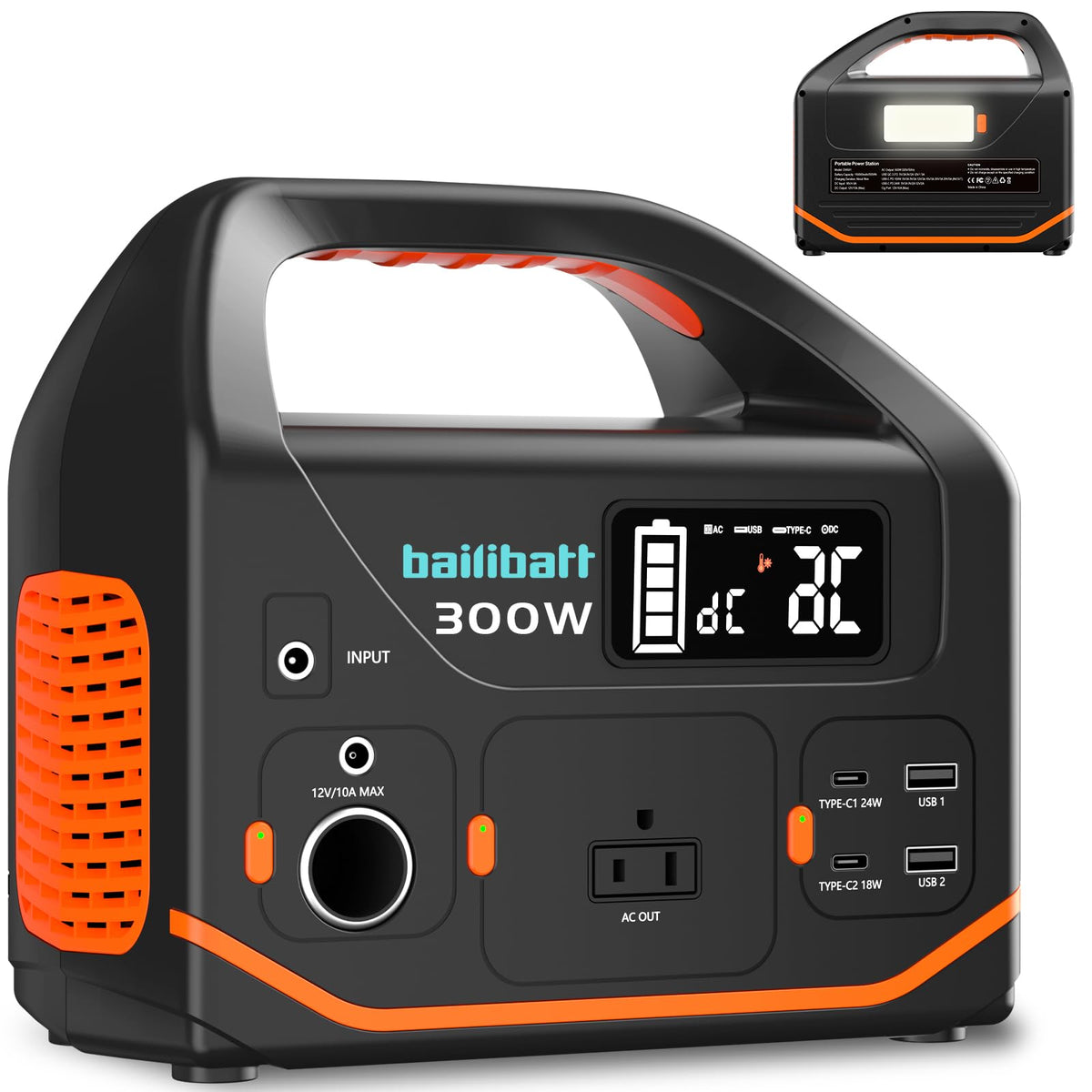 BailiBatt 300W power station front view powering multiple devices.