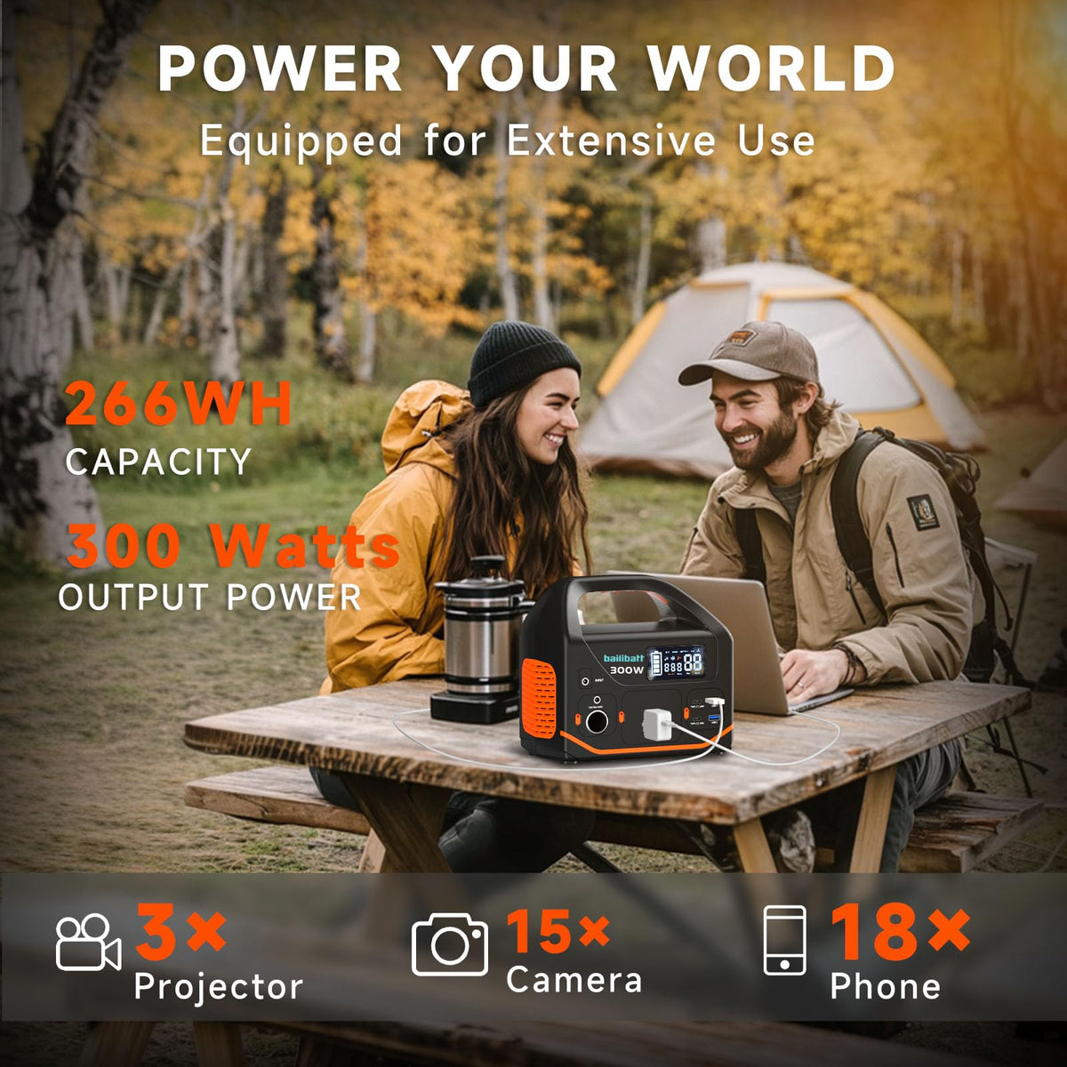 BailiBatt 300W unit side ports show versatile charging options for travel.