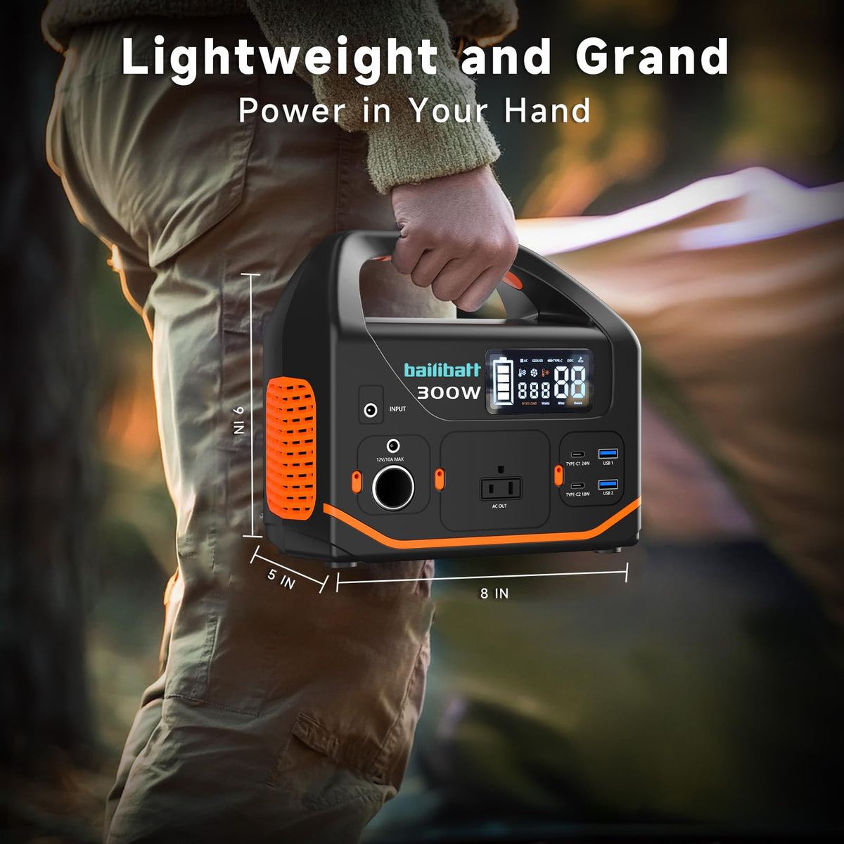 Compact 6.5 lb BailiBatt fits backpacks and car trips.