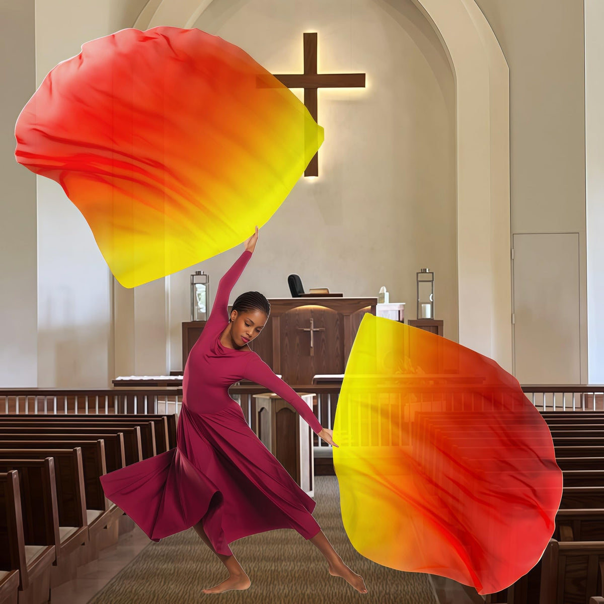 Baisdan worship flags in use during a praise dance demonstrating flowing motion.